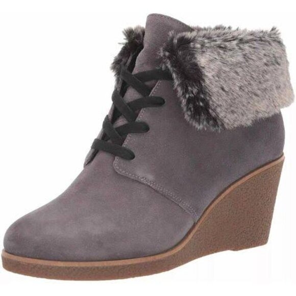 Cole Haan Coralie Wedge Waterproof Suede Gray Faux Fur Boot W11714 Women's 8.5B - Picture 1 of 5